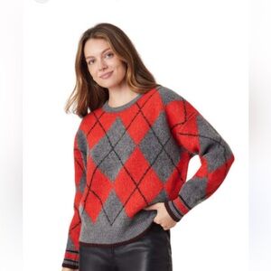 Scotch & Soda Red Grey Argyle Checkered Diamond Crew Neck Pullover Sweater Lrg